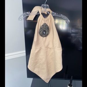 Custom Y2K Crystal Halter Top – Beige Satin, Low Back, One Size/OS